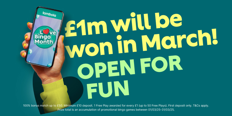 Love bingo month promo advertising over £1 in prizes to be won - tombola open for fun