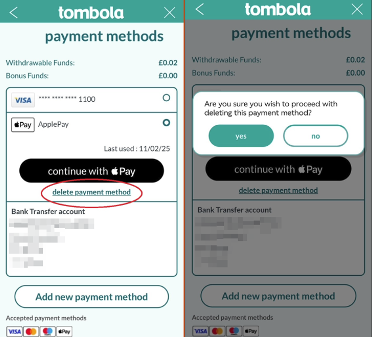 delete payments with confirmation