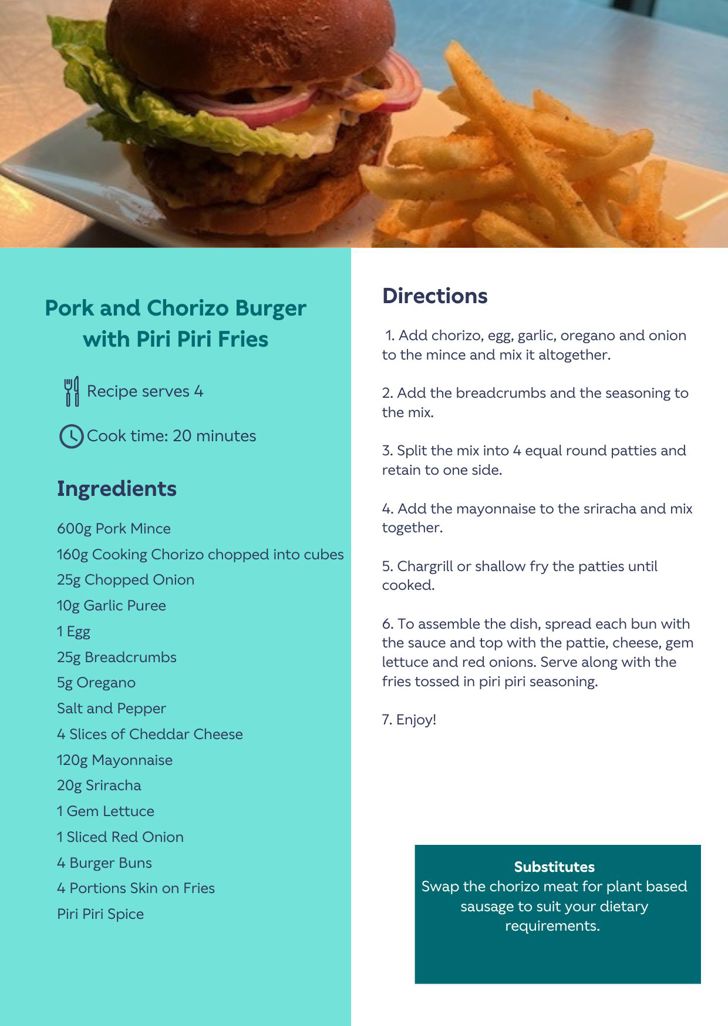 Pork and Chorizo Burger with Piri Piri Fries