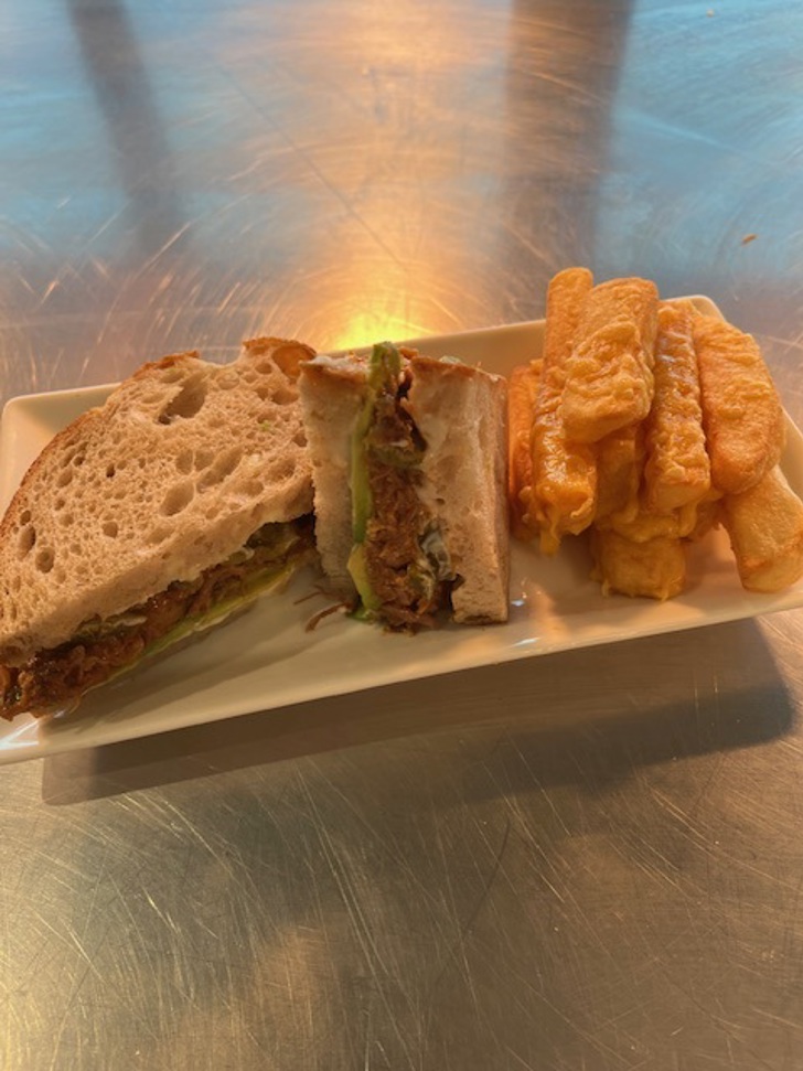 Rustic Sour-dough Pulled Pork and Avocado Bloomer with Cheesy Chips