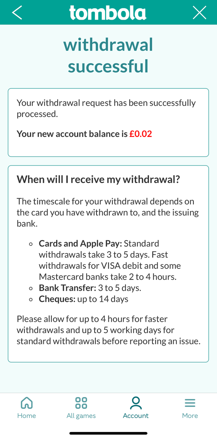 withdraw successful screen