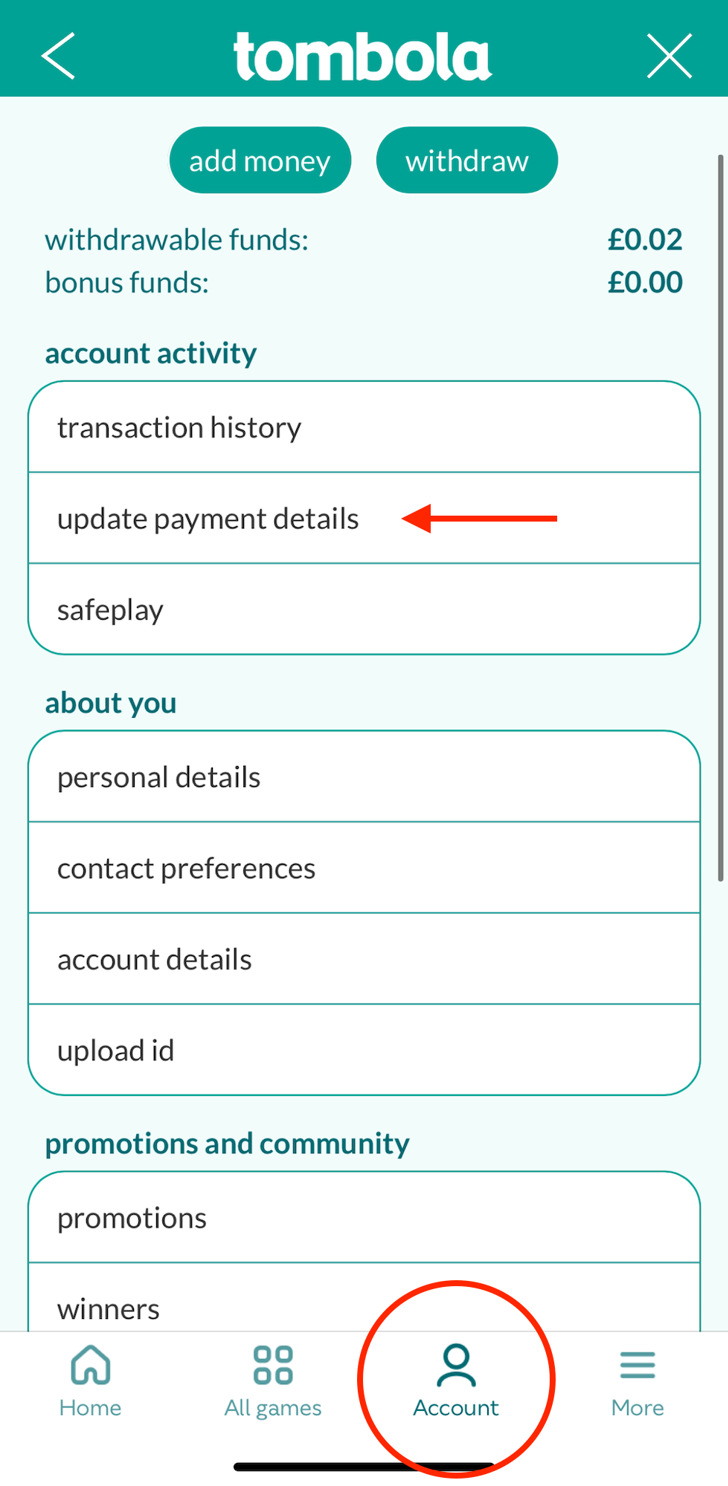 My account screen with account circled at the bottom and arrow to withdraw