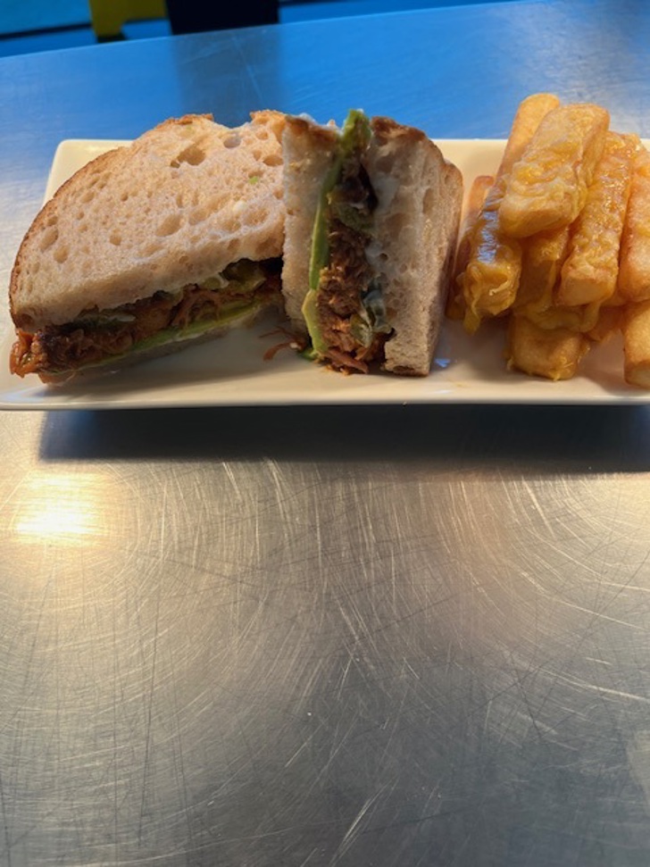 Rustic Sour-dough Pulled Pork and Avocado Bloomer with Cheesy Chips